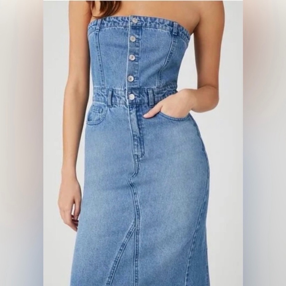 Sincerely Jules Denim Strapless Midi Dress Back Slit Size Medium NWT